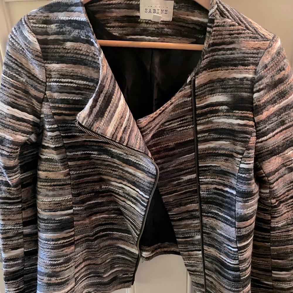 Sabine Tweed Scoop Neck Asymmetrical Zip Blazer Jacket Size M - Picture 5 of 14